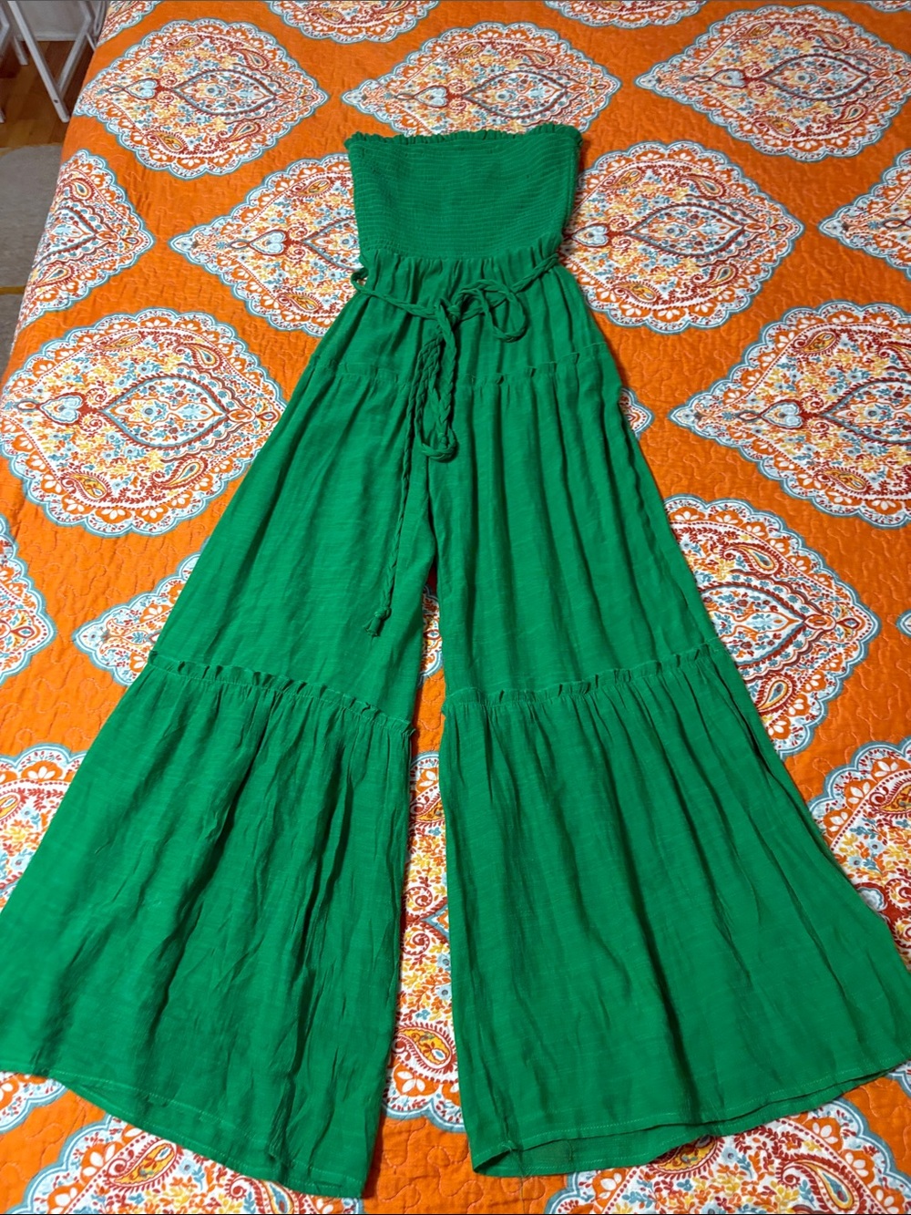 Emerald Green Strapless Wide Leg Jumpsuit | Boho Smocked Bodice & Tie Waist